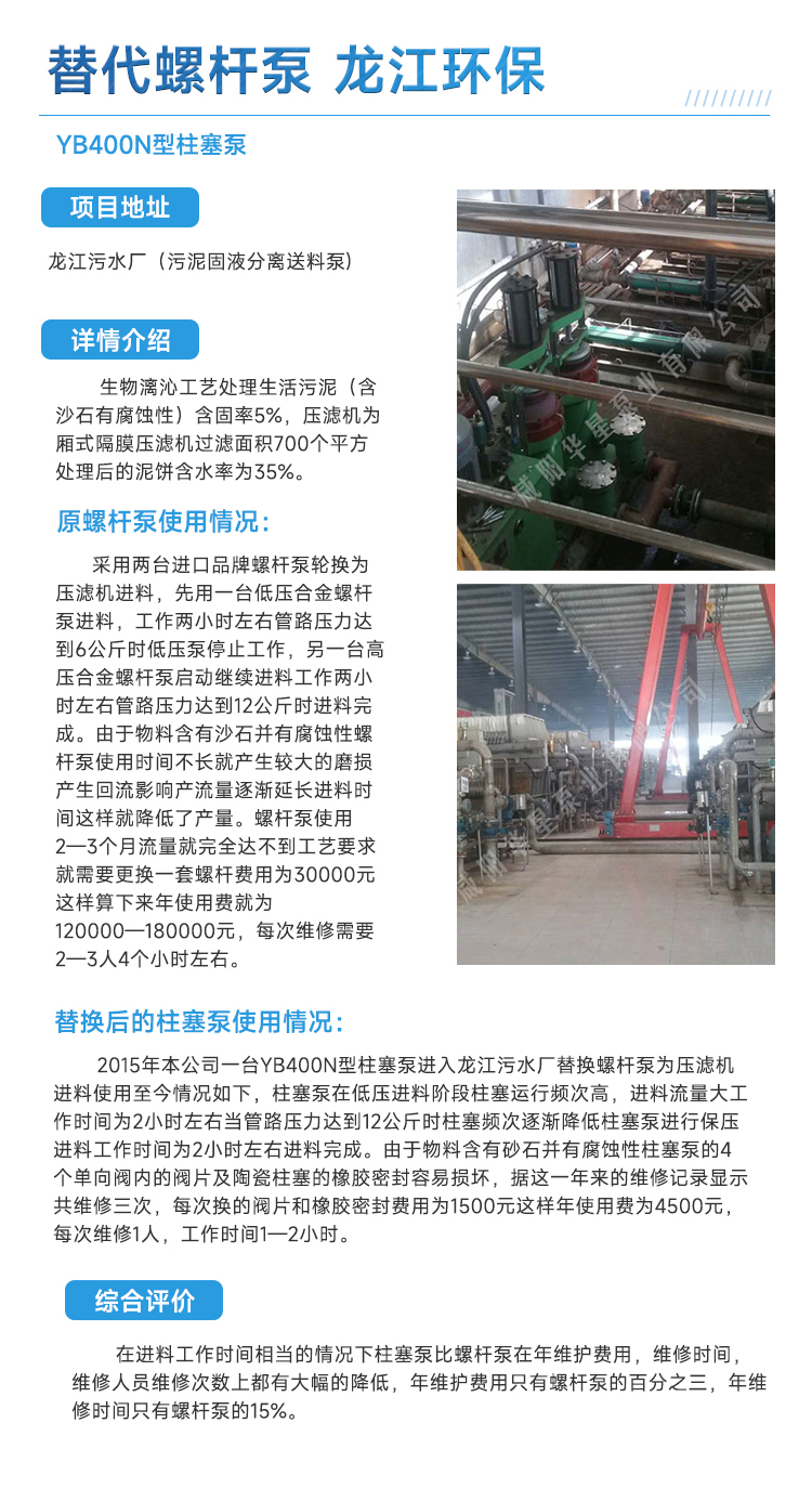 污水处理厂柱塞泥浆泵替代螺杆泵